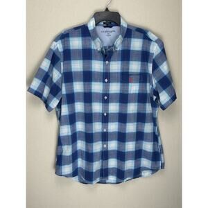 US Polo Assn Button Down Shirt Men Size XXL Blue Plaid Embroidered Short Sleeve